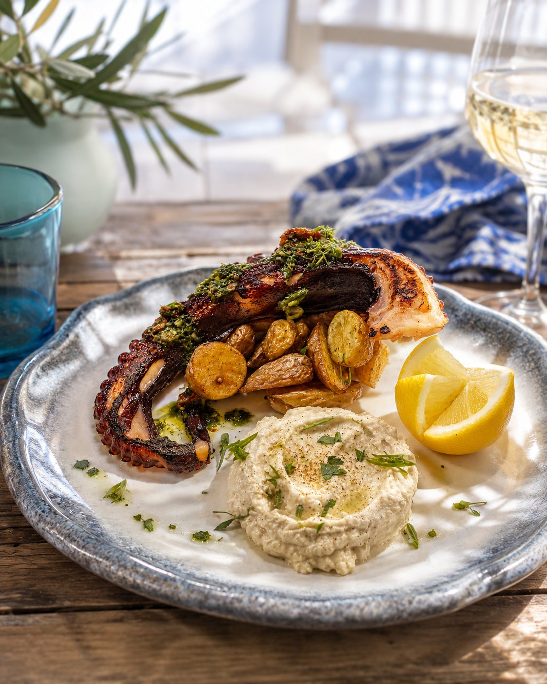 Poulpe grillé de MIKI, servi avec pommes de terre rôties, houmous, persillade et citron